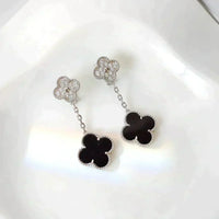 [
Bluetears-Jewels]CLOVER 2 MOTIFS  DIAMOND ONYX EARRINGS SILVER