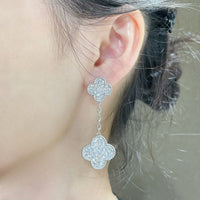 [Blue Jewels]CLOVER 2 MOTIFS DIAMOND PAVED SILVER EARRINGS