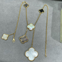 [
Bluetears-Jewels]CLOVER 6 MOTIF MOP ONYX GOLD NECKLACE