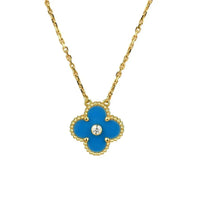 [
Bluetears-Jewels]CLOVER 15MM DIAMOND AND BLUE AGATE NECKLACE
