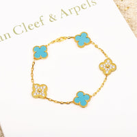 [Blue Jewels] Armband mit Kleeblattmotiv, Türkis, Diamanten und Gold