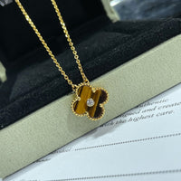 [
Bluetears-Jewels]CLOVER 15MM DIAMOND AND YELLOW TIGER'S EYE AGATE necklace