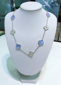 [
Bluetears-Jewels]CLOVER 10 MOTIFS CHALCEDONY DIAMONDS SILVER NECKLACE